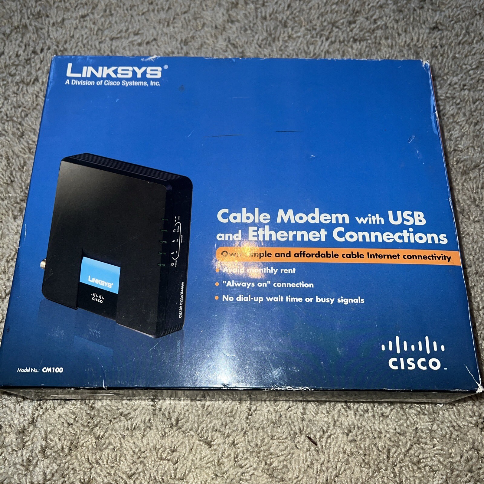 3C NEW Linksys Cable Modem With USB And ETHERNET Connections Model CM100