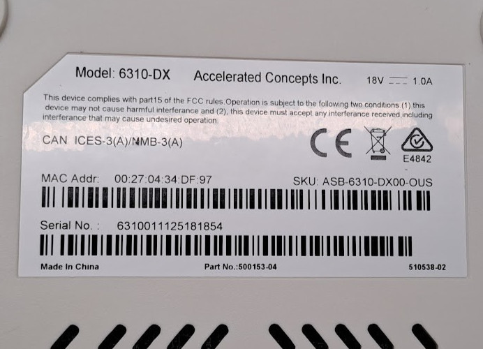 ACCELERATED CONCEPTS INC ROUTER 6310-DX 1002-CM MODEM IRG