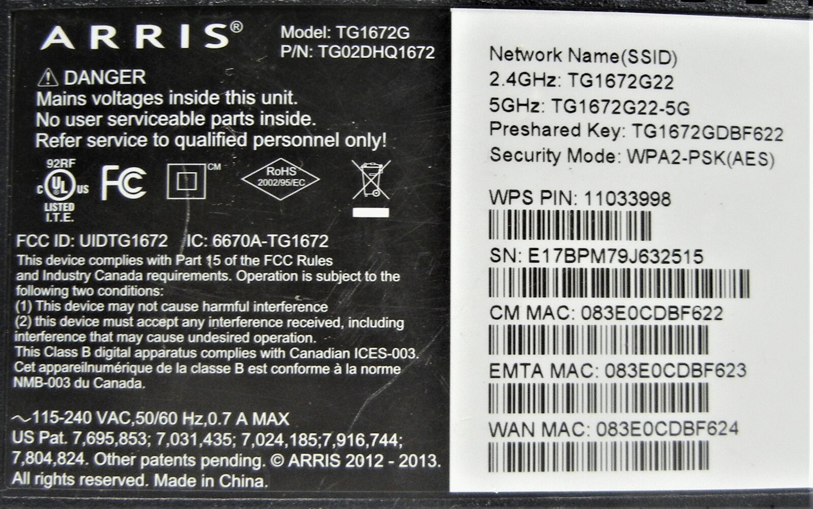 Arris TG1672G Control Board Only