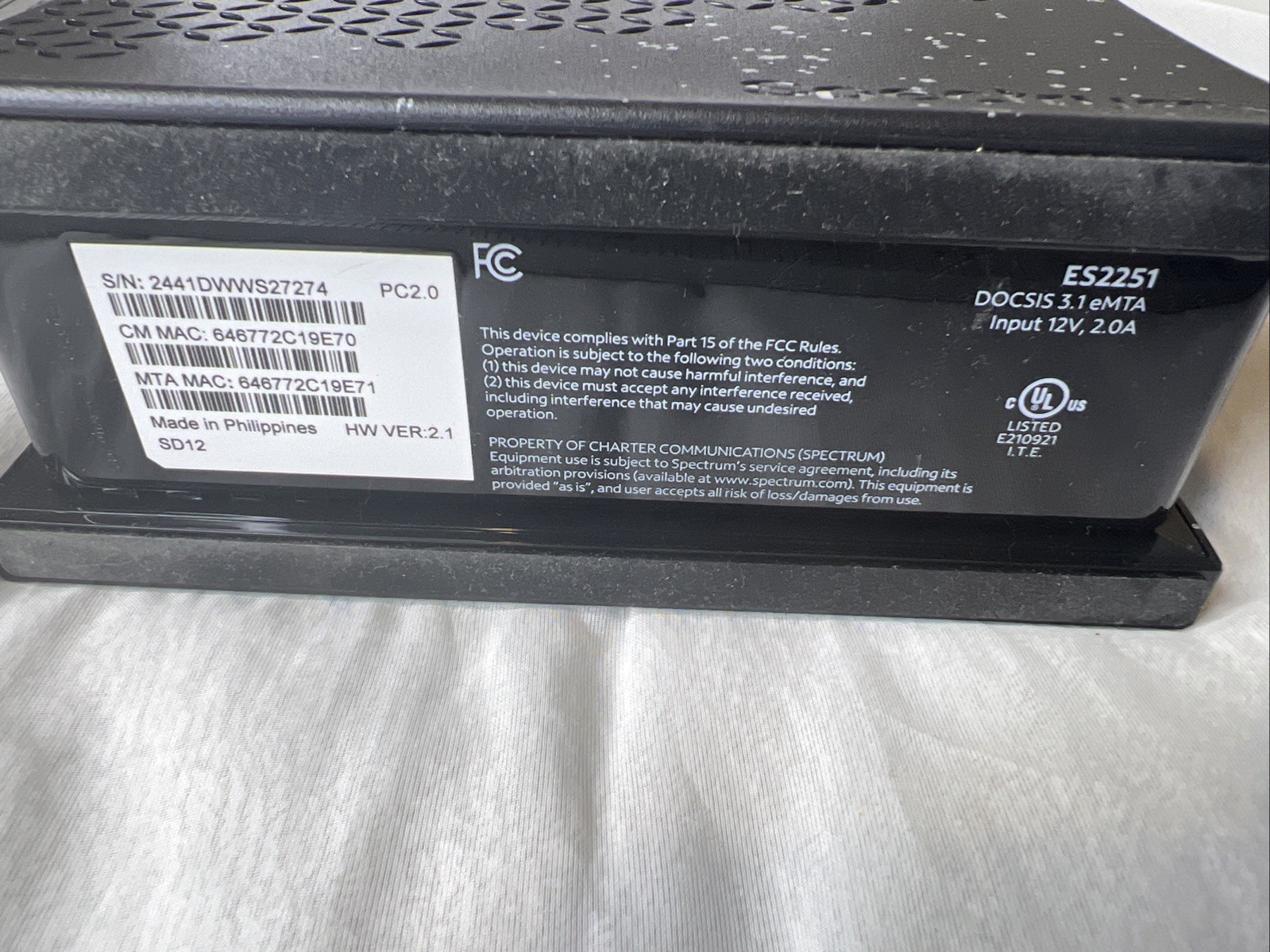 SPECTRUM ES2251 D3.1 2.5G eMTA DOCSIS Advanced Voice Modem