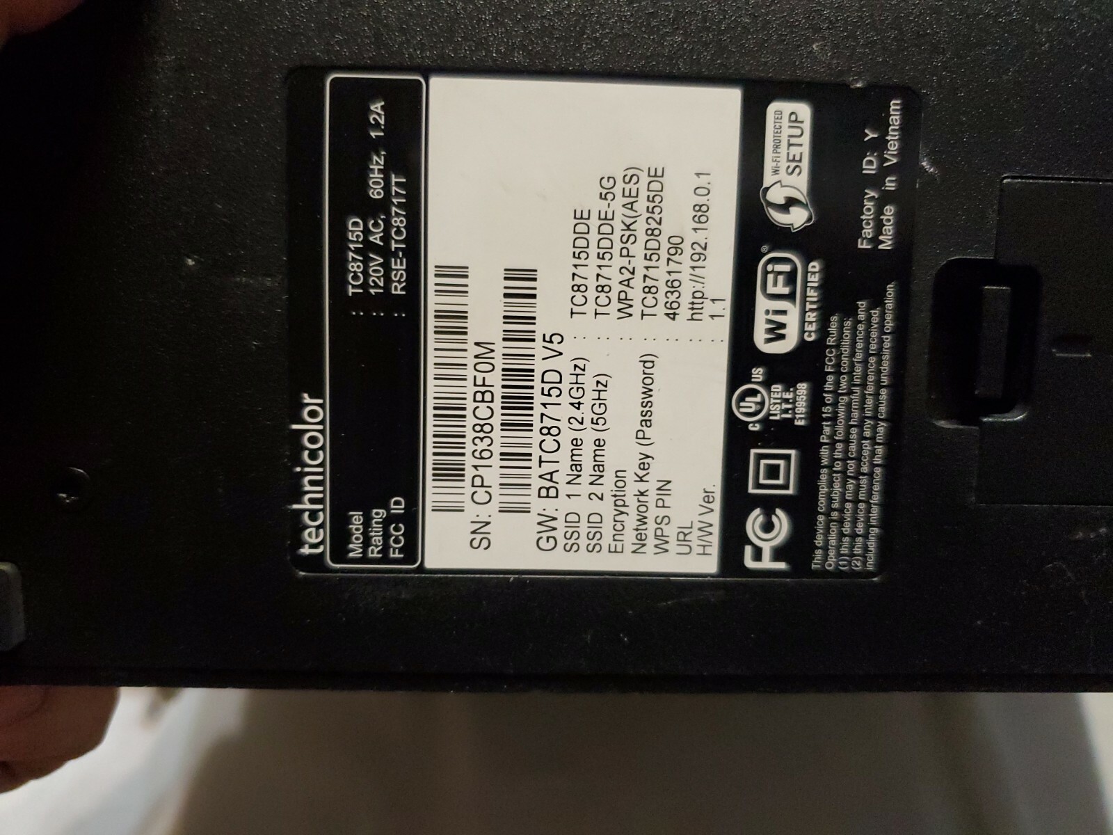 TECHNICOLOR TC8715D CABLE MODEM WIRELESS ROUTER GATEWAY