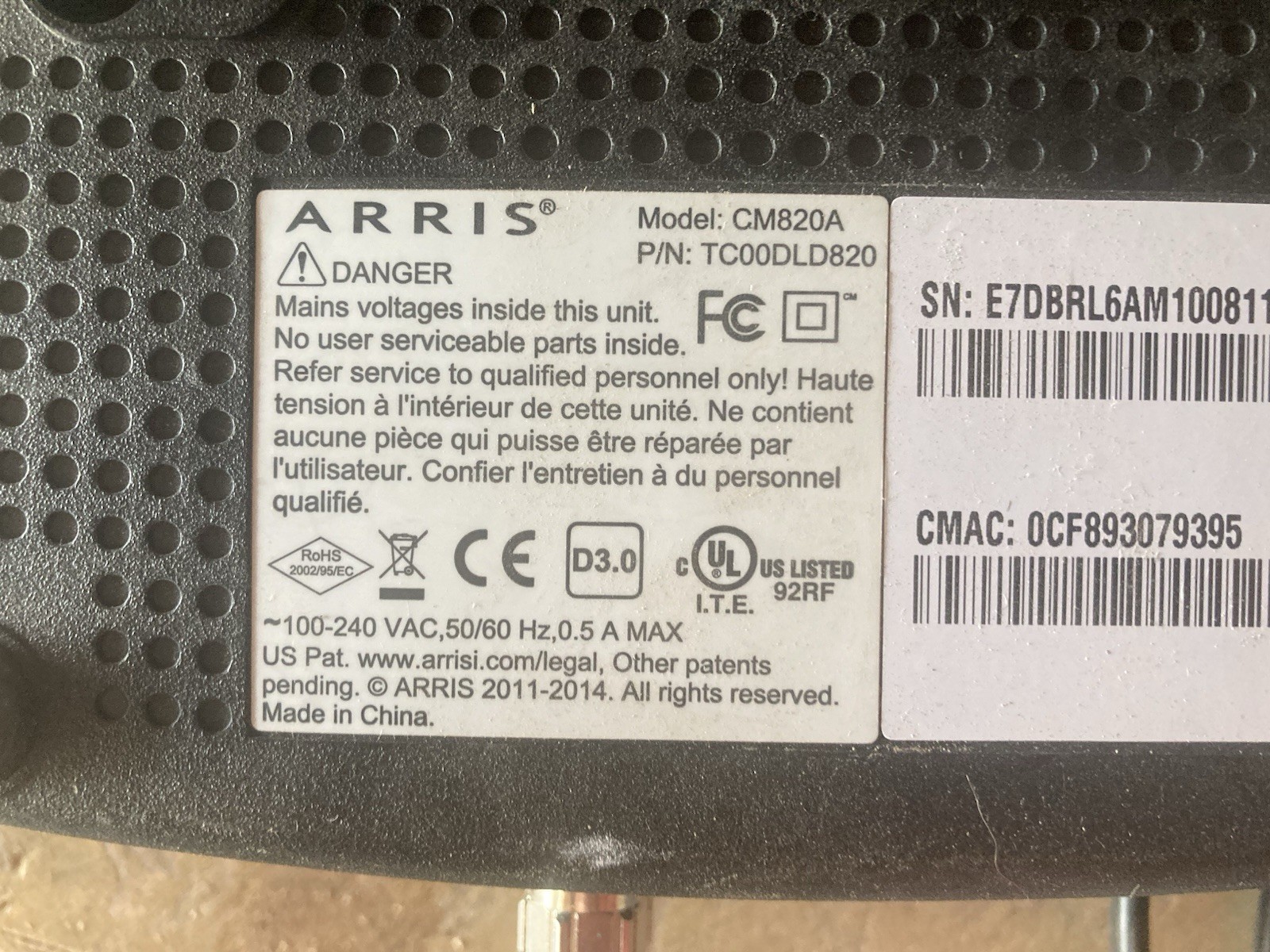ARRIS Touchstone CM820A Black Cable Modem