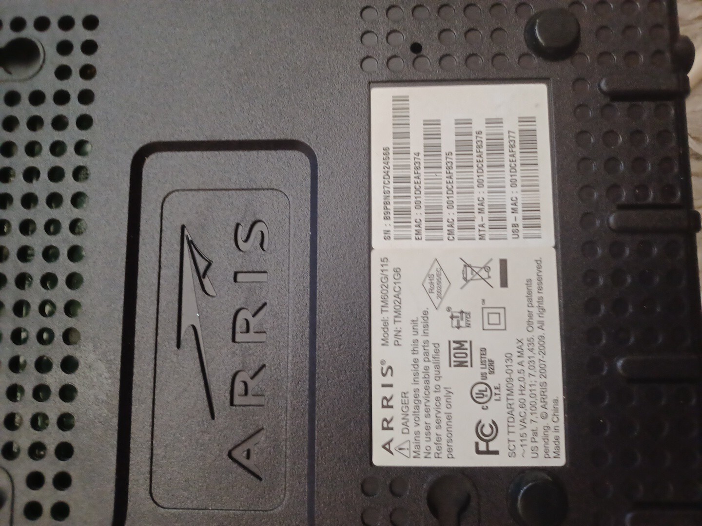 ARRIS TM604G Cable Touchstone Telephony Modem + Cords – Model TM602G|115