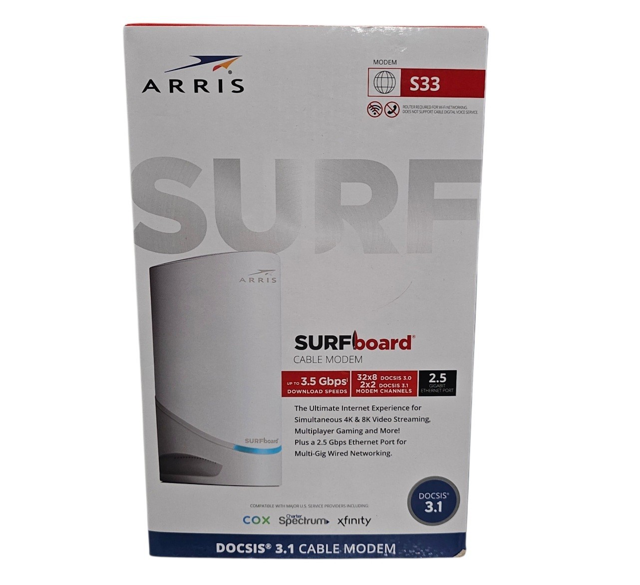 ARRIS S33 Surfboard DOCSIS 3.1 Multi-Gigabit Cable Modem, 2.5 GBPS Ethernet Port