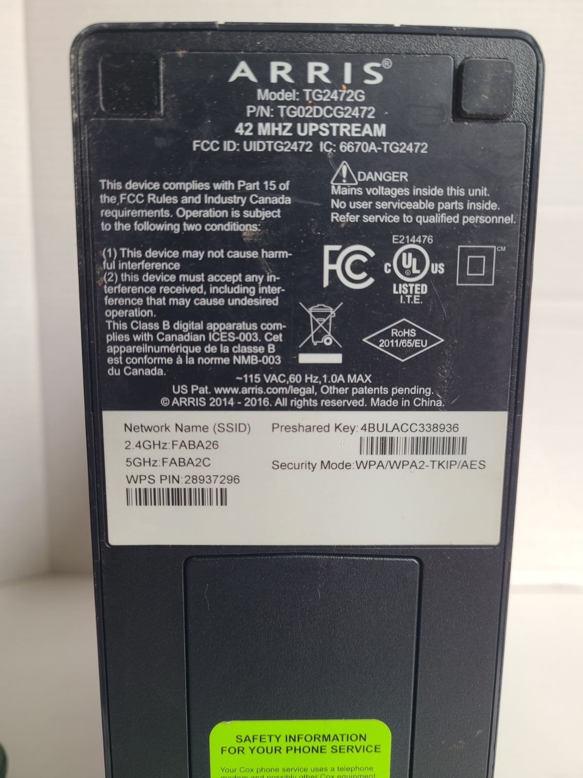 Arris Touchstone TG2472G Modem with Power Cord Black