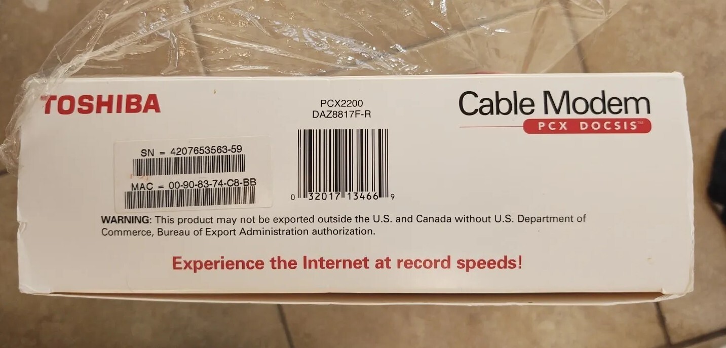 TOSHIBA CABLE MODEM PCX DOCSIS Model: PCX2200 USB/Ethernet PC Or Mac In Orig Box