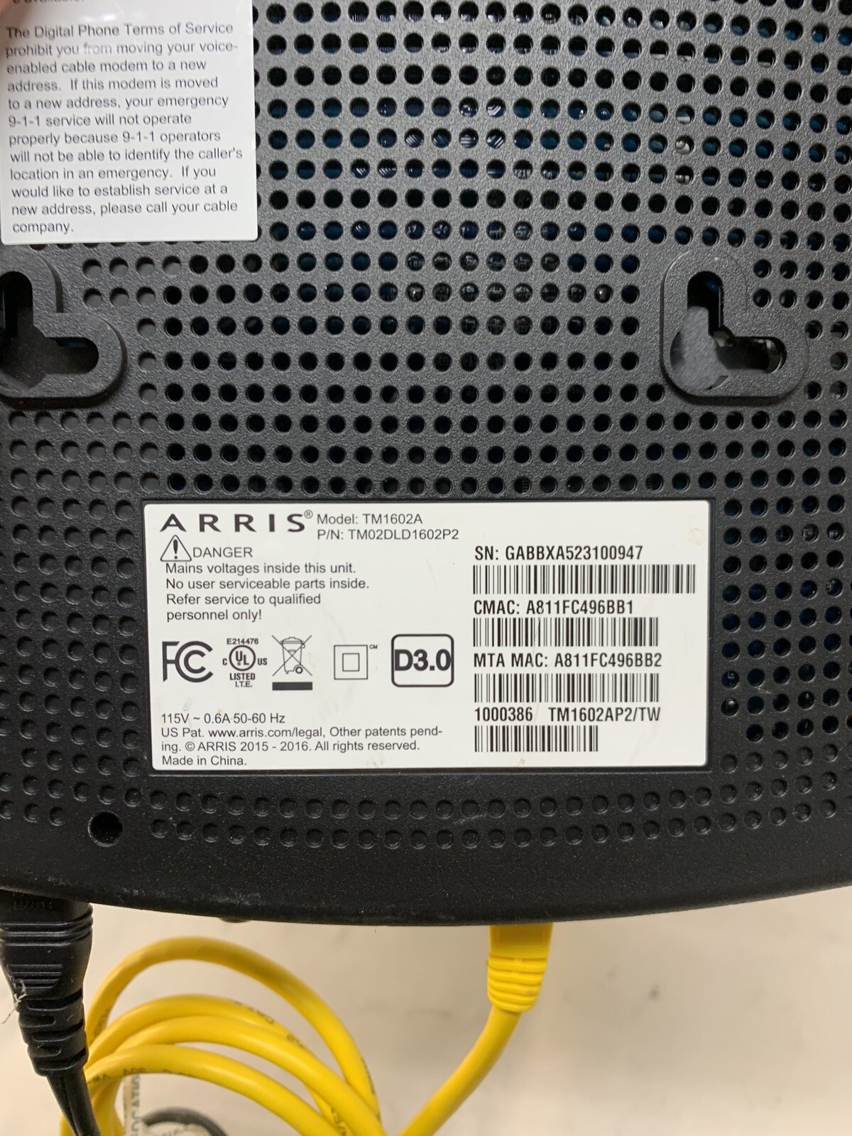 Arris Touchstone TM1602A DOCSIS 3.0 Telephony Modem Optimum Cablevision Charter