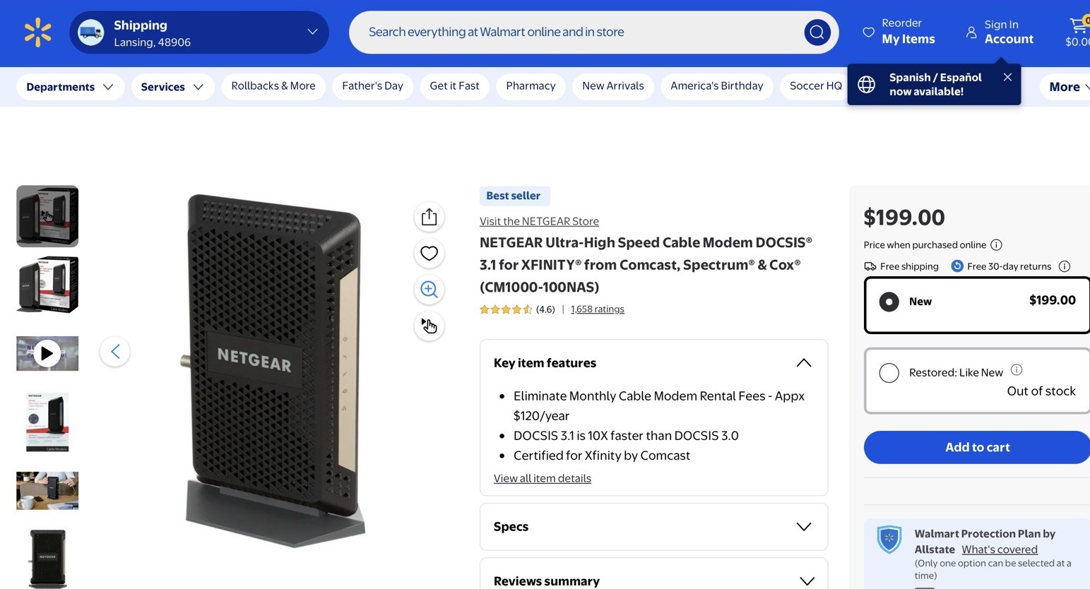 NETGEAR CM1000 DOCSIS 3.1 Cable Modem 6Gbps 1x RJ-45 XFINITY Black