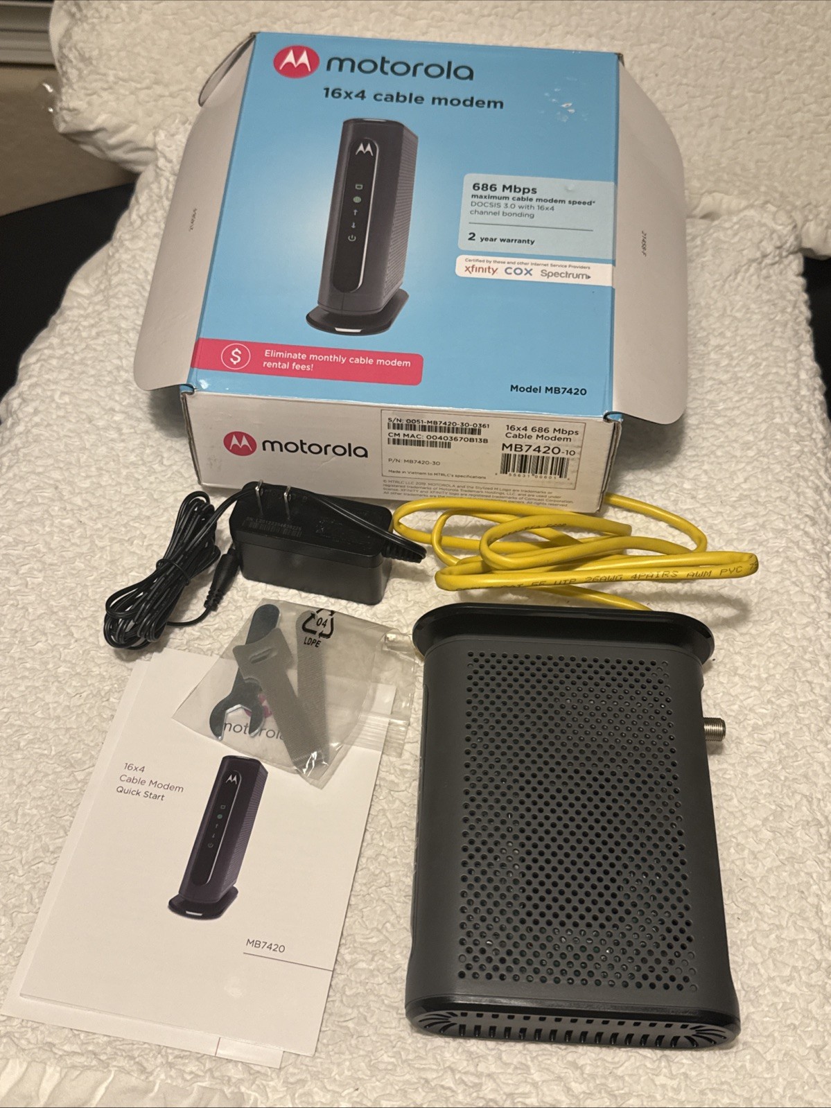 Motorola Cable Modem 16×4 686 Mbps Model MB7420 Comcast XFINITY Open Box