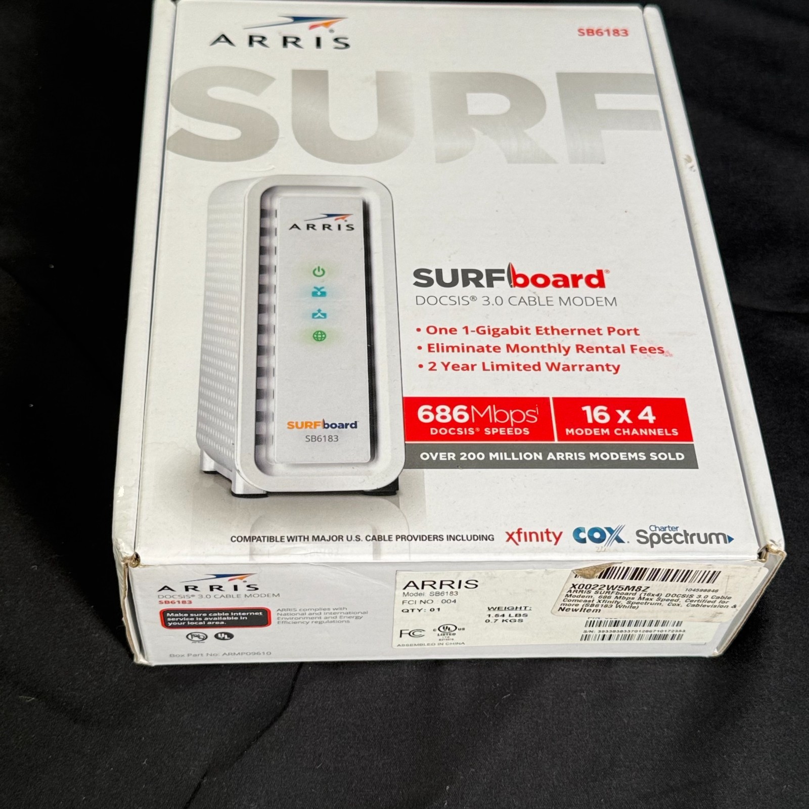 ARRIS SURFboard SB6183 DOCSIS 3.0 Cable Modem 16×4 686Mbps Gigabit Tested White