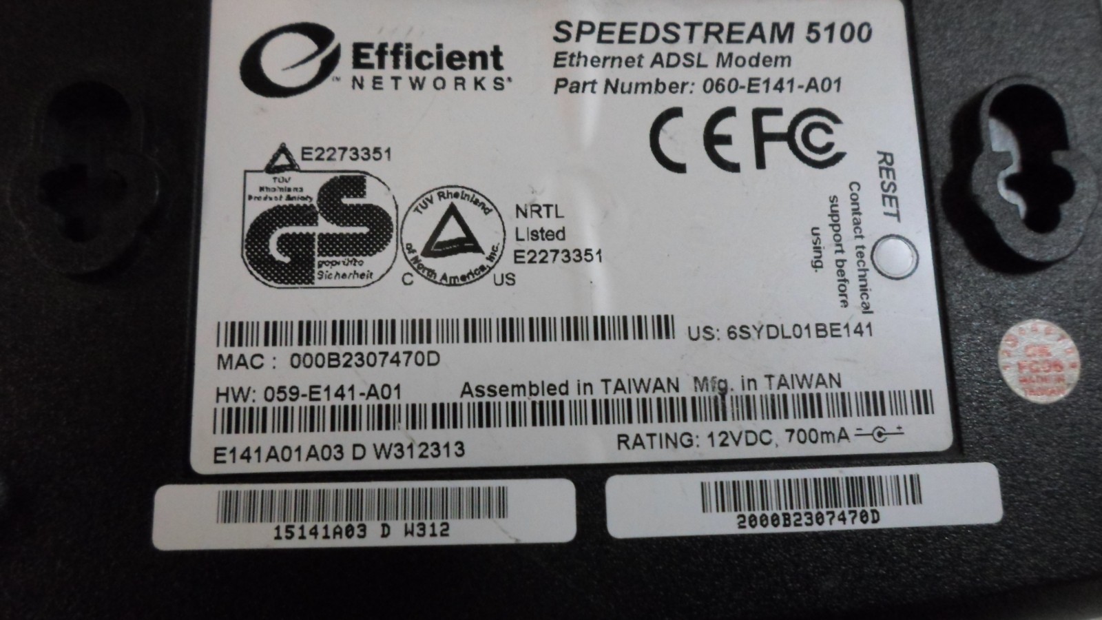 Efficient Networks SpeedStream 5100 060-E142-A01 060-E141-A01 ADSL Modem w/ AC
