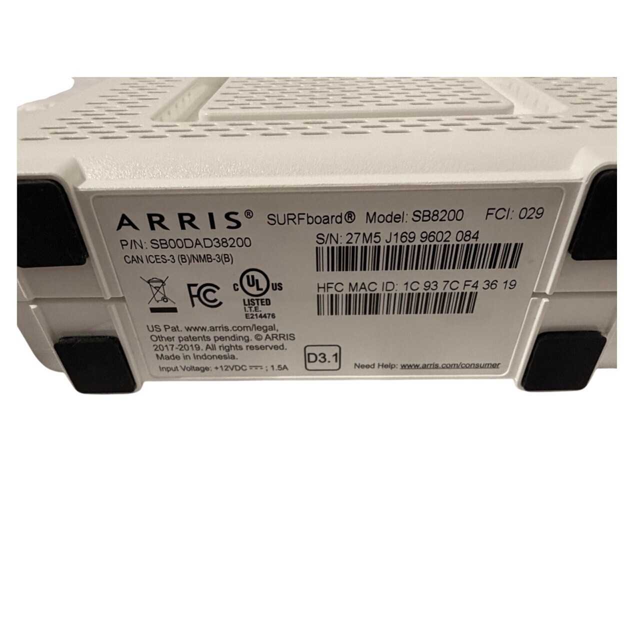 ARRIS SURFboard SB8200 DOCSIS 3.1 Cable Modem White 2 LAN Ports Power Adapter