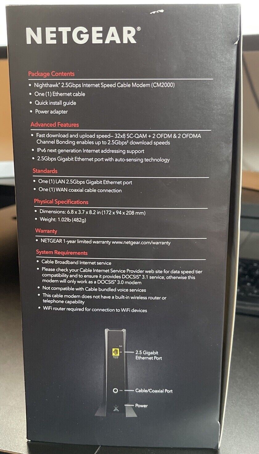 NETGEAR Nighthawk CM2000 Multi Gig Cable Modem Up To 2.5 Gbps DOCSIS 3.0/3.1
