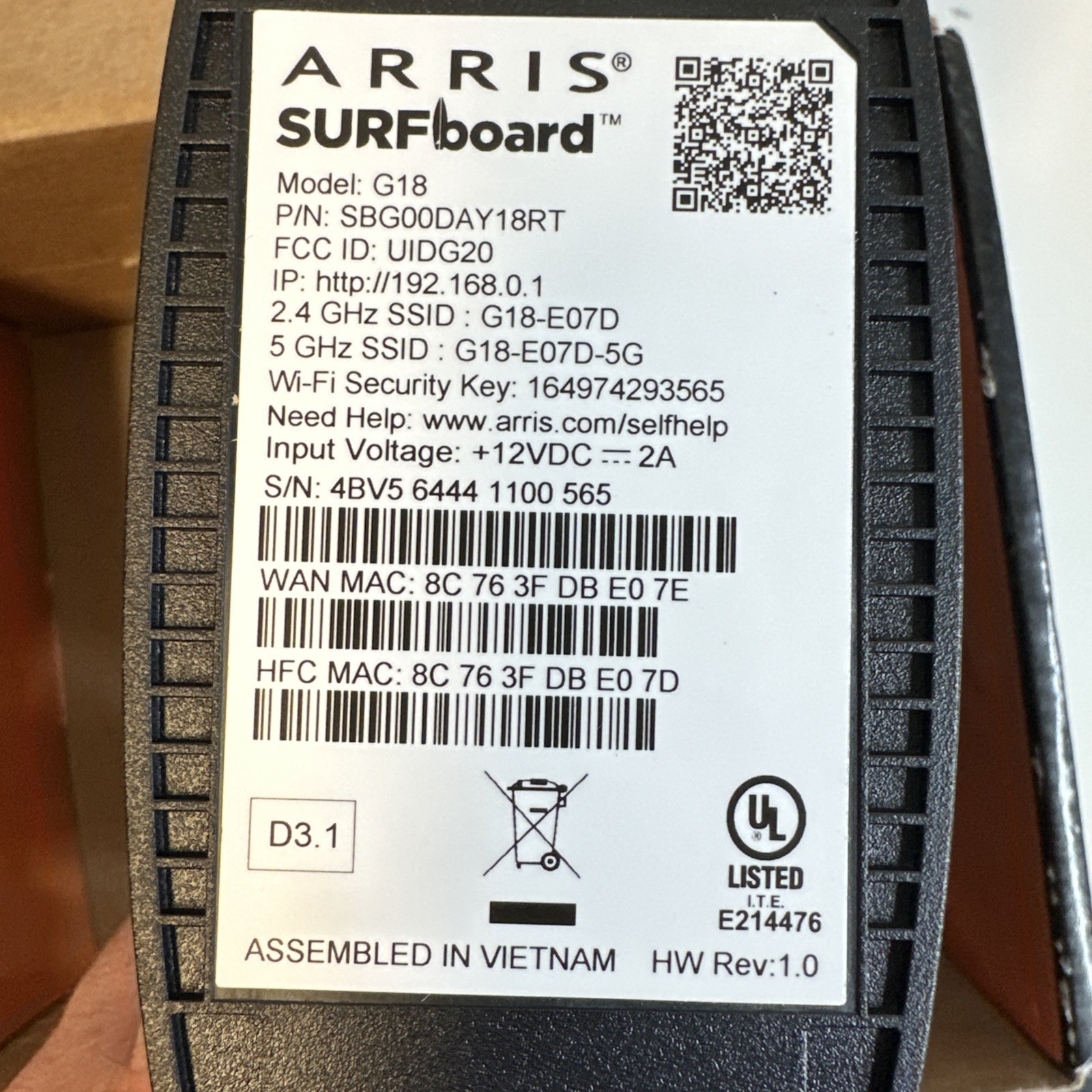 Arris G18 AX1800 WiFi 6 & DOCSIS 3.1 Cable Modem