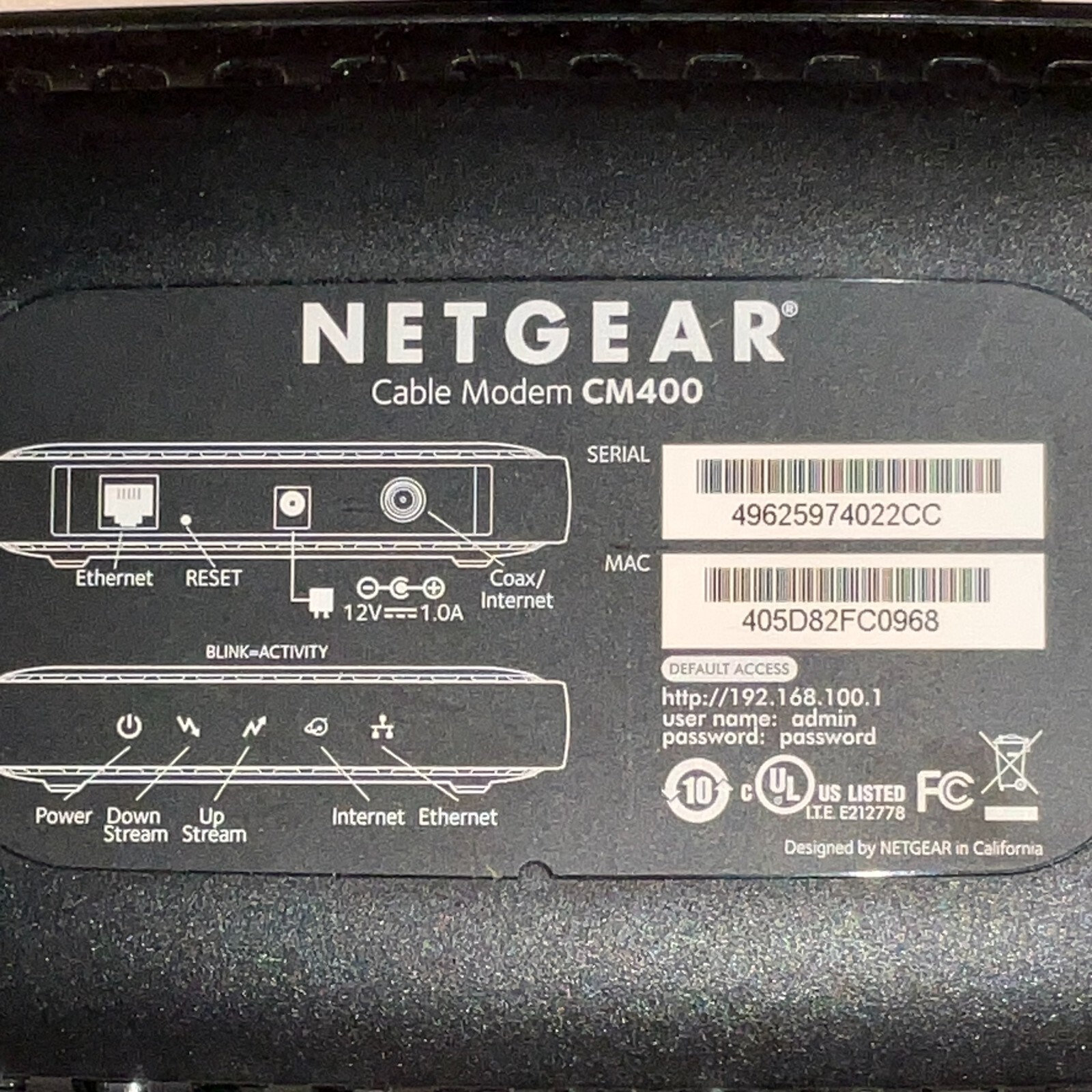 NETGEAR CM400 Cable Modem – Pre-Owned – GC