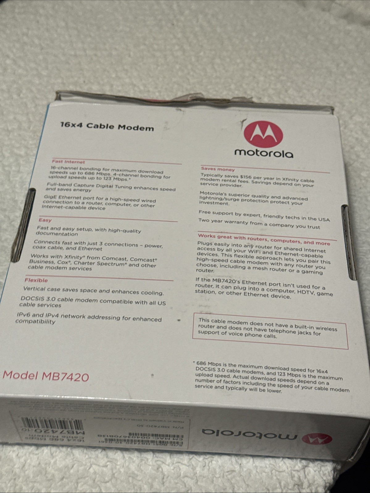 Motorola Cable Modem 16×4 686 Mbps Model MB7420 Comcast XFINITY Open Box