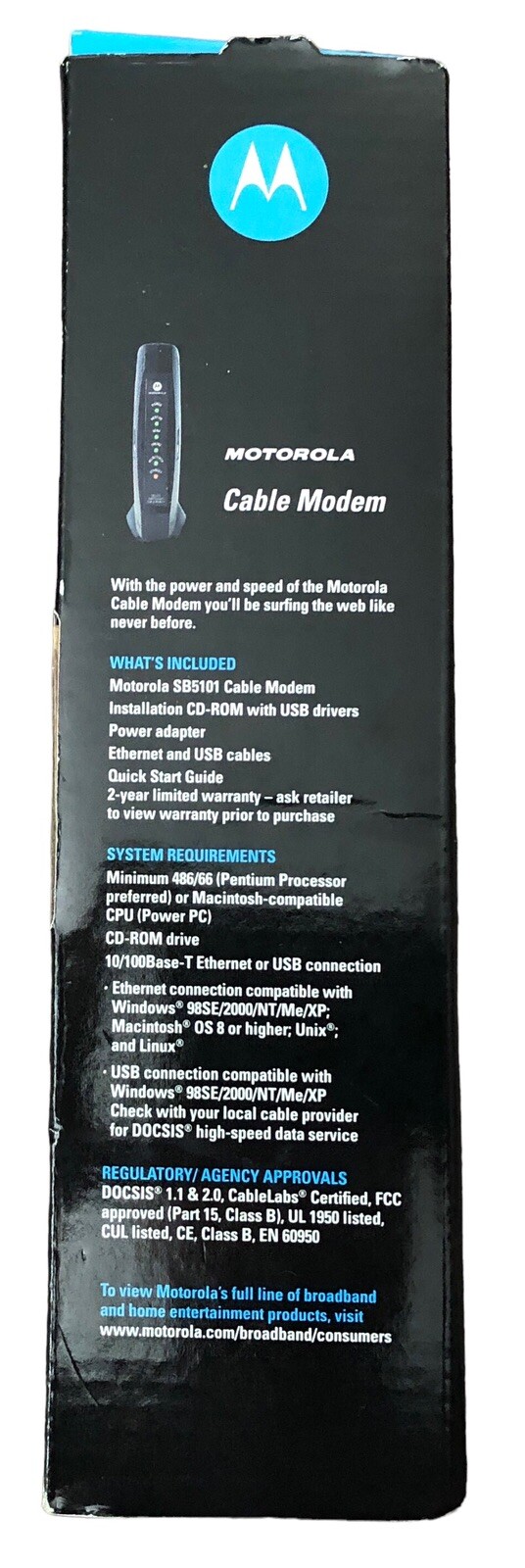 Motorola SB5101 Cable Modem With ac/dc adapter & Ethernet Cable Unused OPEN BOX