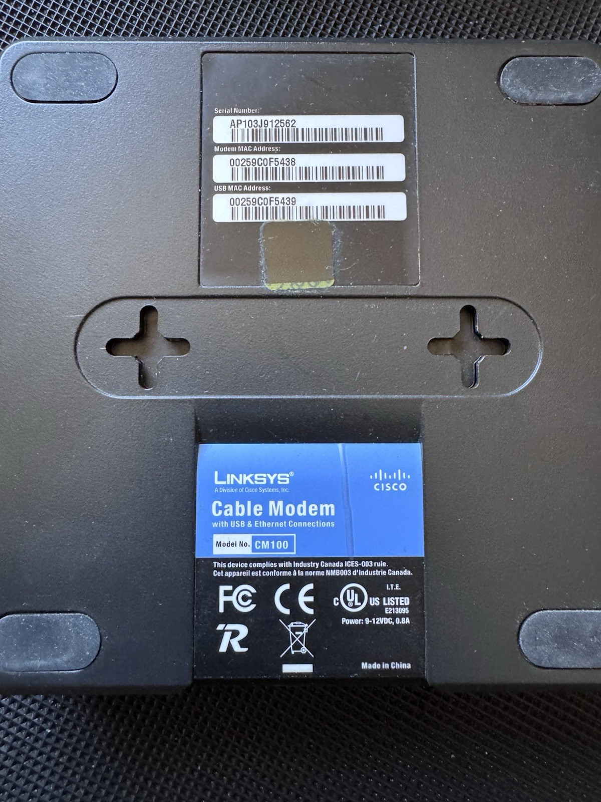 Linksys CM100 Cable Modem USB & Ethernet 100 Mbps – Tested – No Power Supply