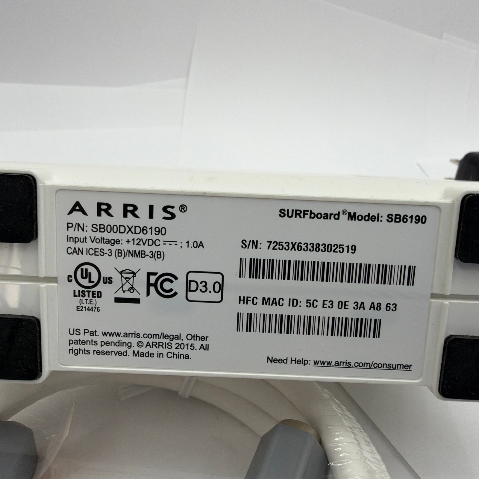 ARRIS SURFboard SB6190 DOCSIS 3.0 Cable Modem with Power Adapter and Cables