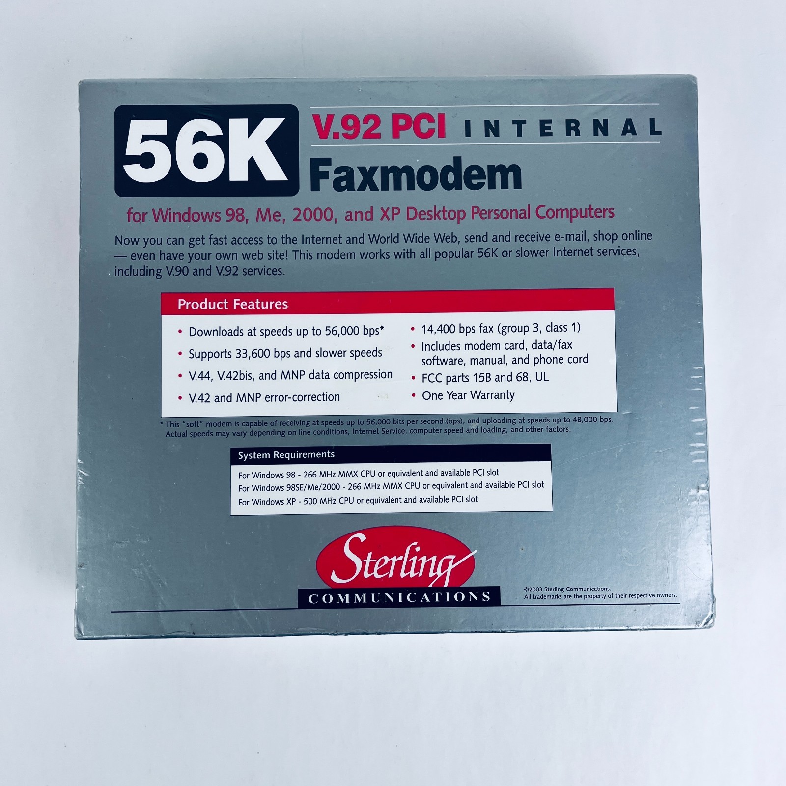 Sterling Model S20 56K FaxModem V.92 PCI Internal – New Factory Sealed Box