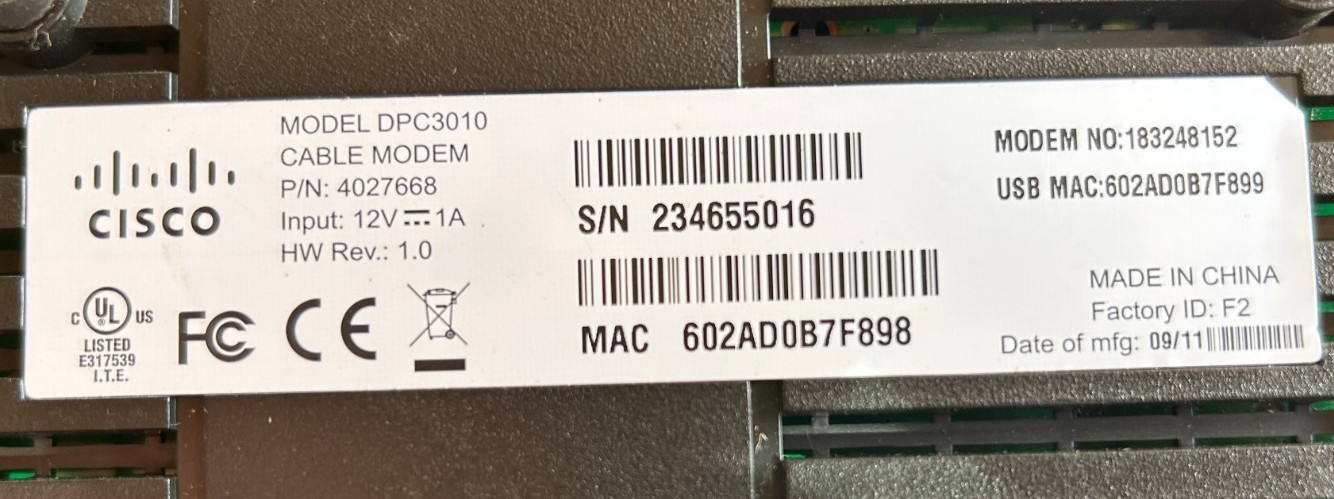 Cisco DPC3010 DOCSIS 3.0 Cable Modem Black Ethernet Coaxial MPN 4037053