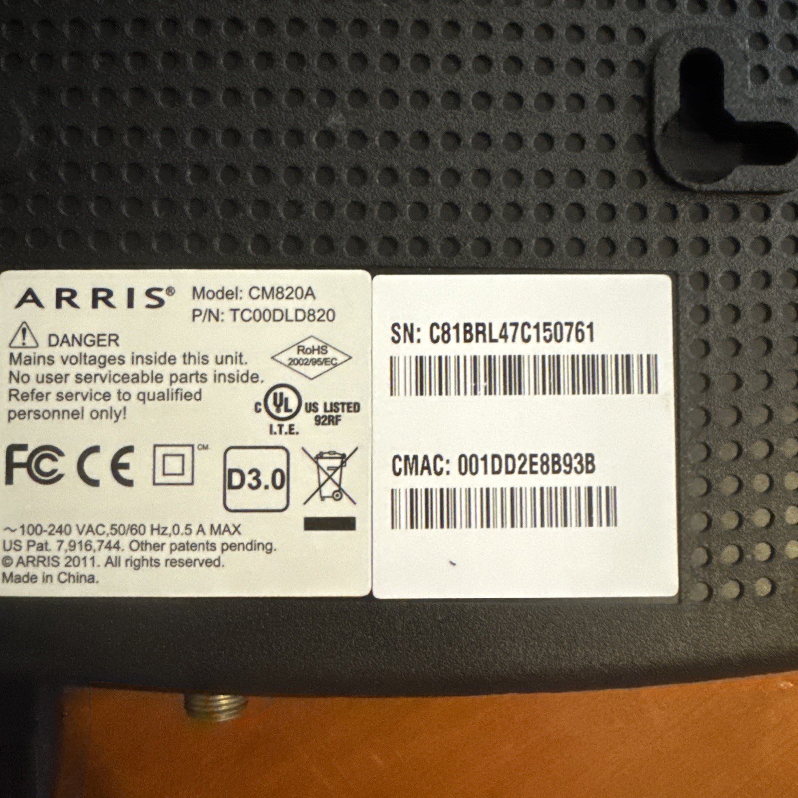ARRIS CM820A Cable Modem with wires FAST SHIPPING!