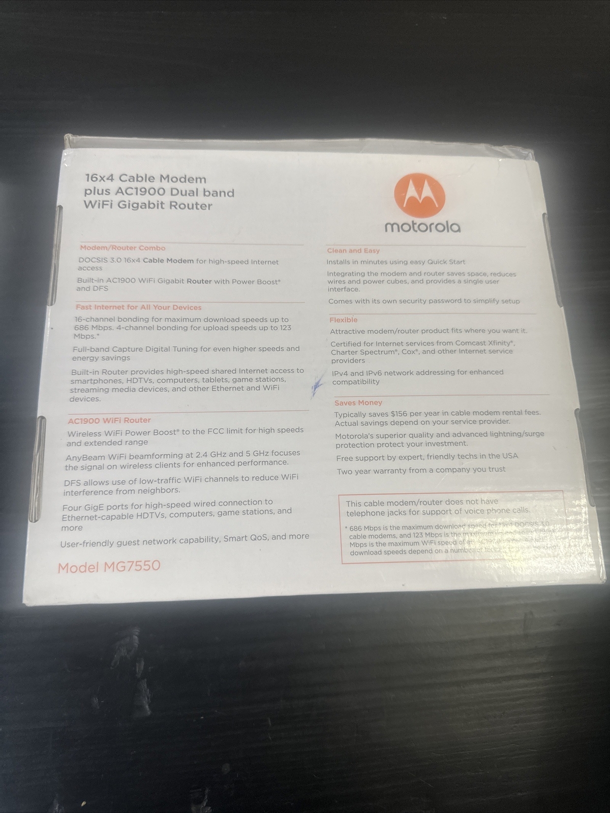 Motorola MG7550 16×4 Cable Modem Plus AC1900 WiFi Router New / Open Box