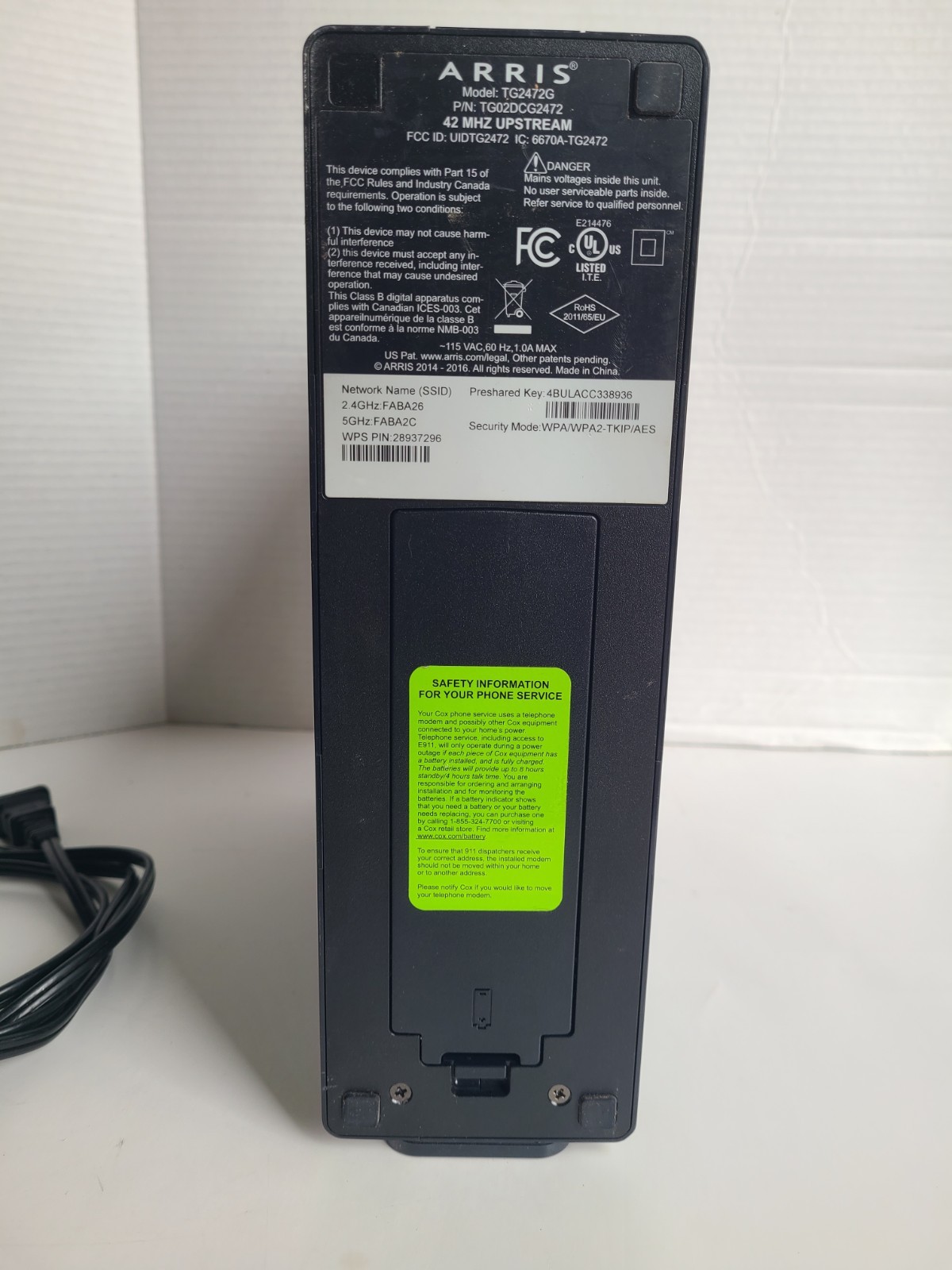 Arris Touchstone TG2472G Modem with Power Cord Black