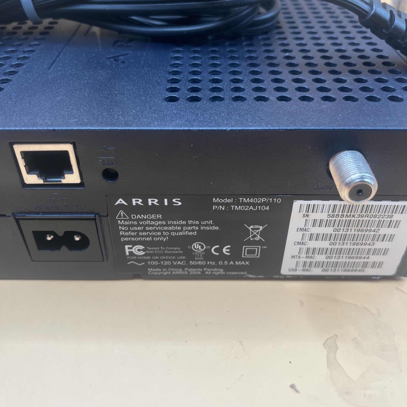 ARRIS Touchstone TM402P/110 Telephony VOIP Cable Modem with Power Cord