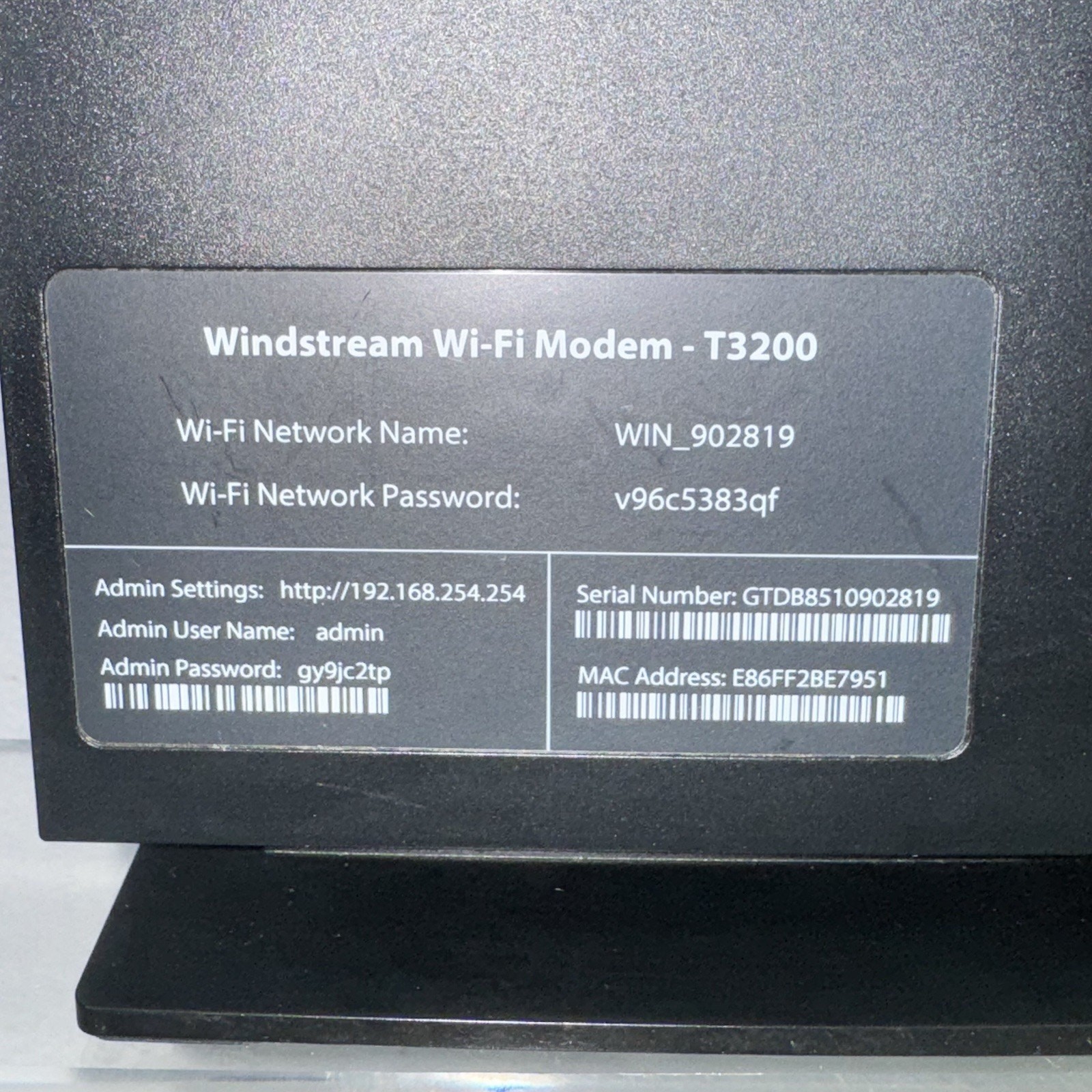 EUC Windstream Wi-Fi Modem T3200 Black