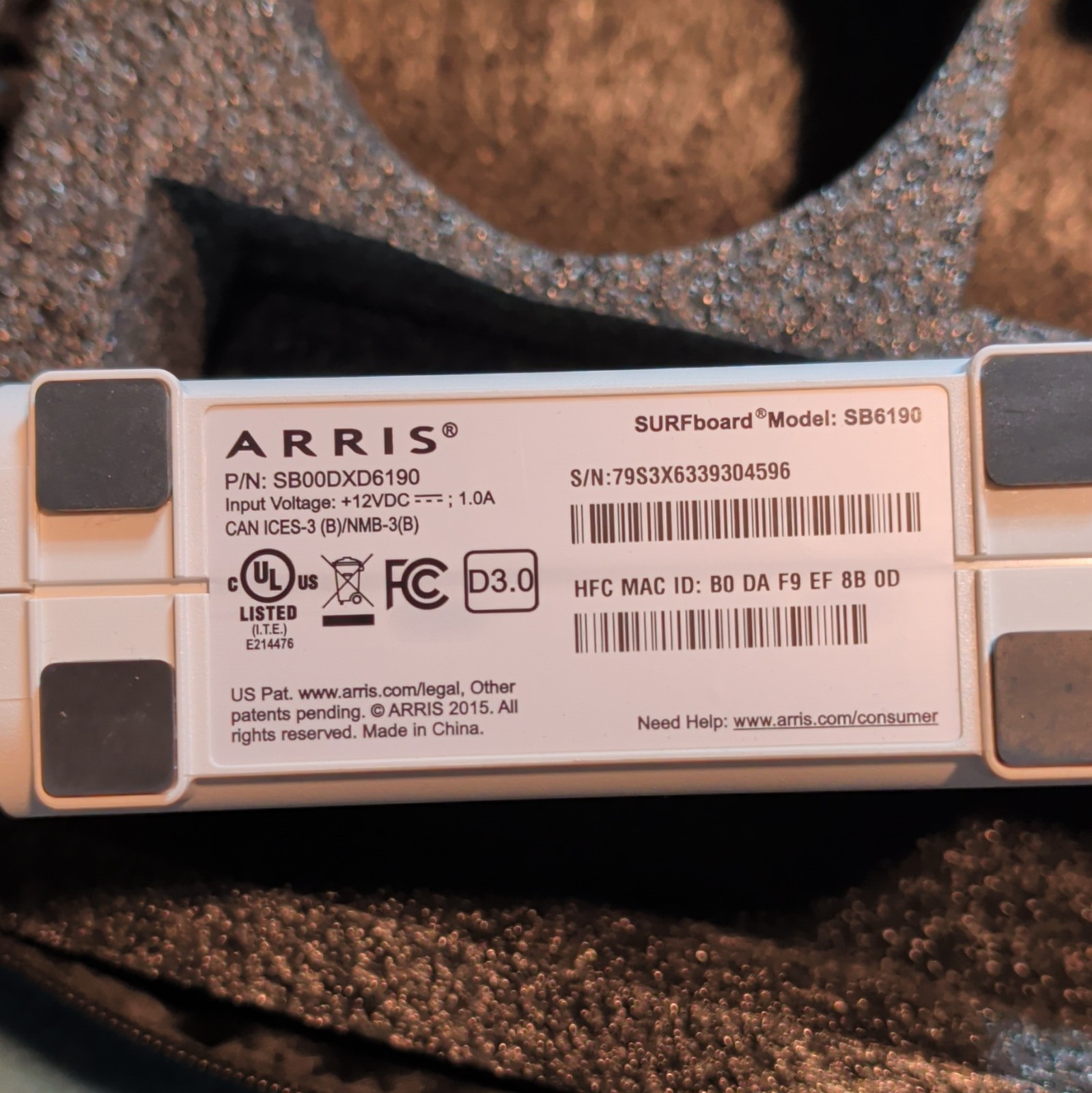 ARRIS SURFboard SB6190 DOCSIS 3.0 Cable Modem 1.4 Gbps White, 1x GbE