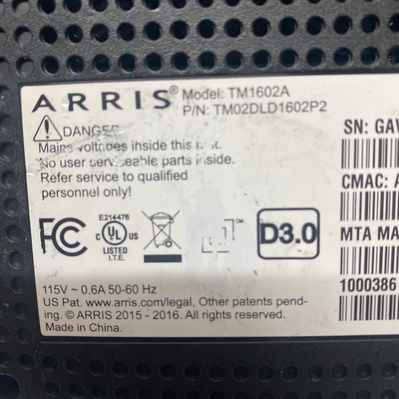 ARRIS Touchstone TM1602A DOCSIS 3.0 E-MTA with Power Cable