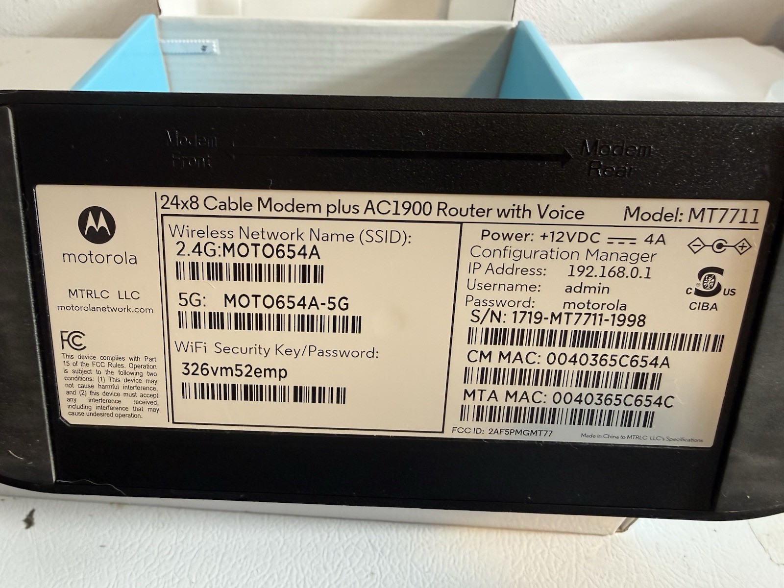Motorola 24×8 Cable Modem + AC1900 WiFi Router + 2 Phone Line for Xfinity MT7711
