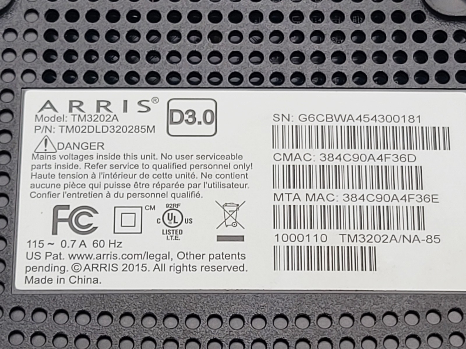 ARRIS TOUCHSTONE TM3202A DOCSIS 3.0 TELEPHONY CABLE MODEM EMTA ETHERNET