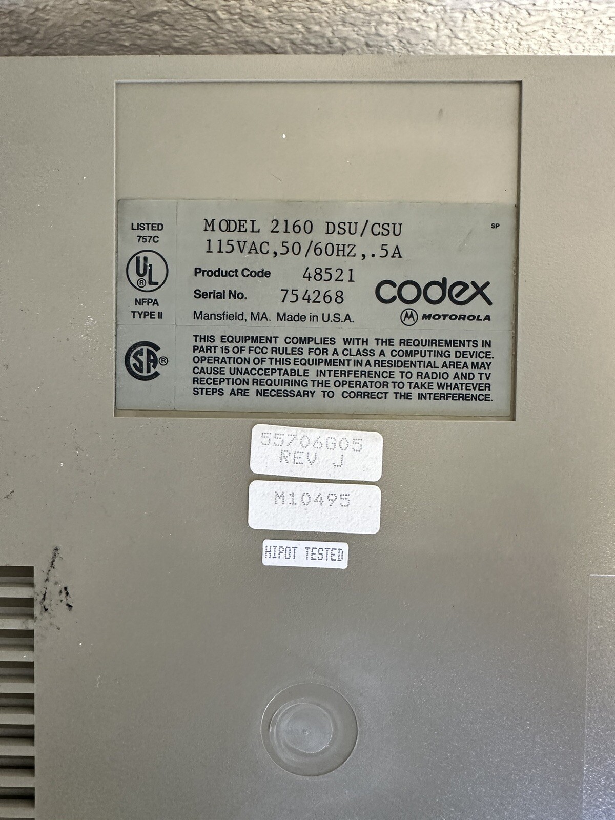 MOTOROLA CODEX 2160 DSU/CSU 48521, 115VAC