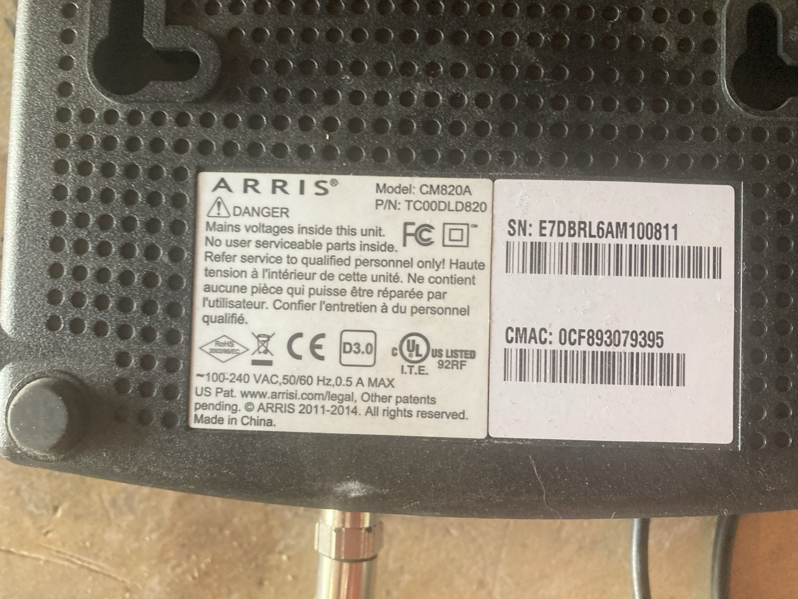 ARRIS Touchstone CM820A Black Cable Modem