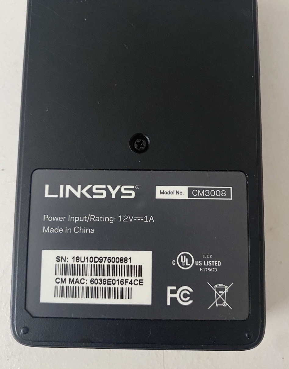 LINKSYS CM3008 DOCSIS 3.0 Cable Modem with Power Adapter