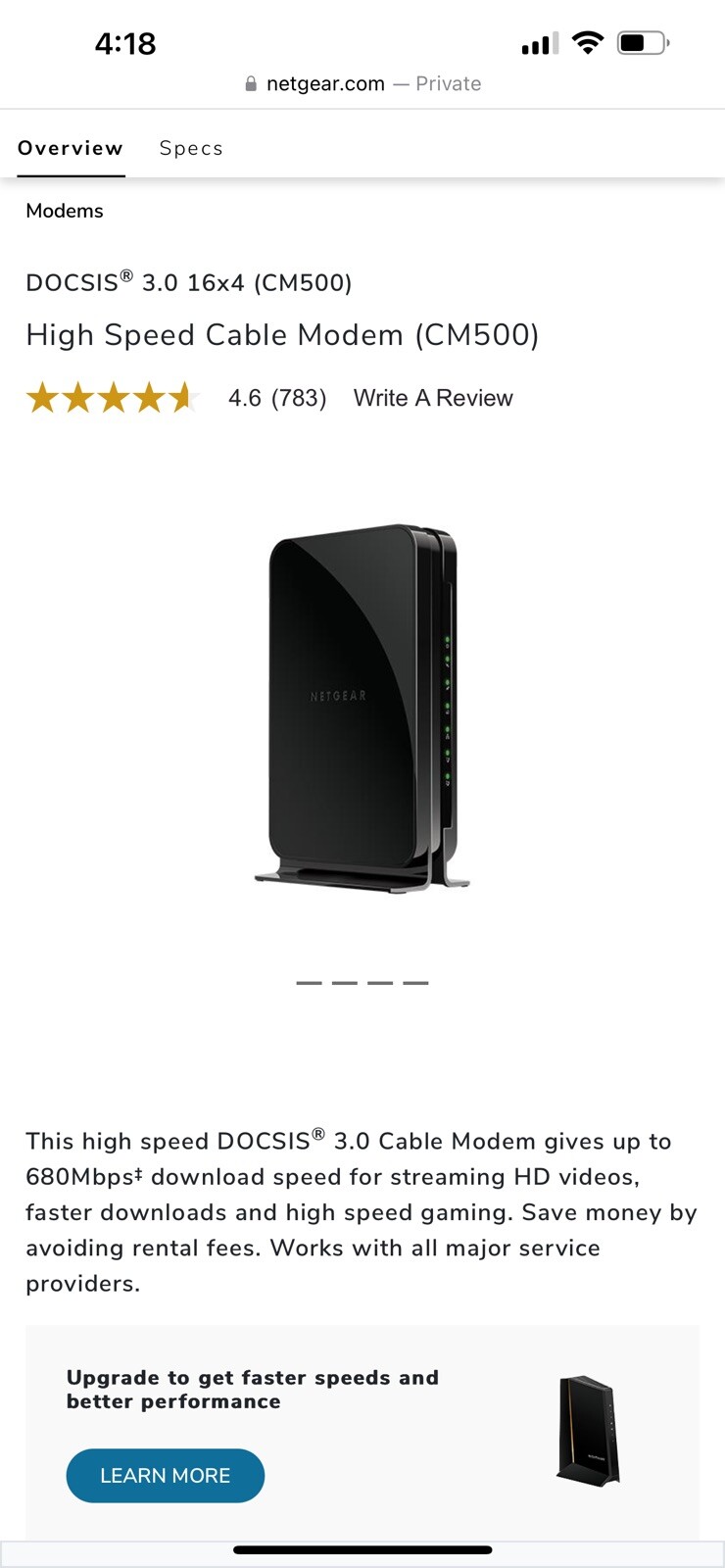 NETGEAR CM500 (CM500100NAS) 680 Mbps – Black