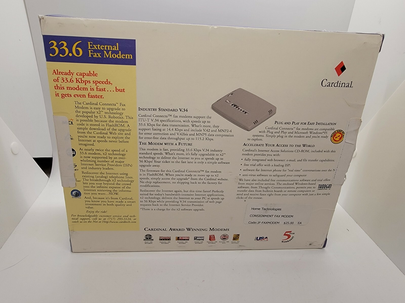 Cardinal Connect Model 2460 33.6k 56k upgradable External Fax Modem – New In Box