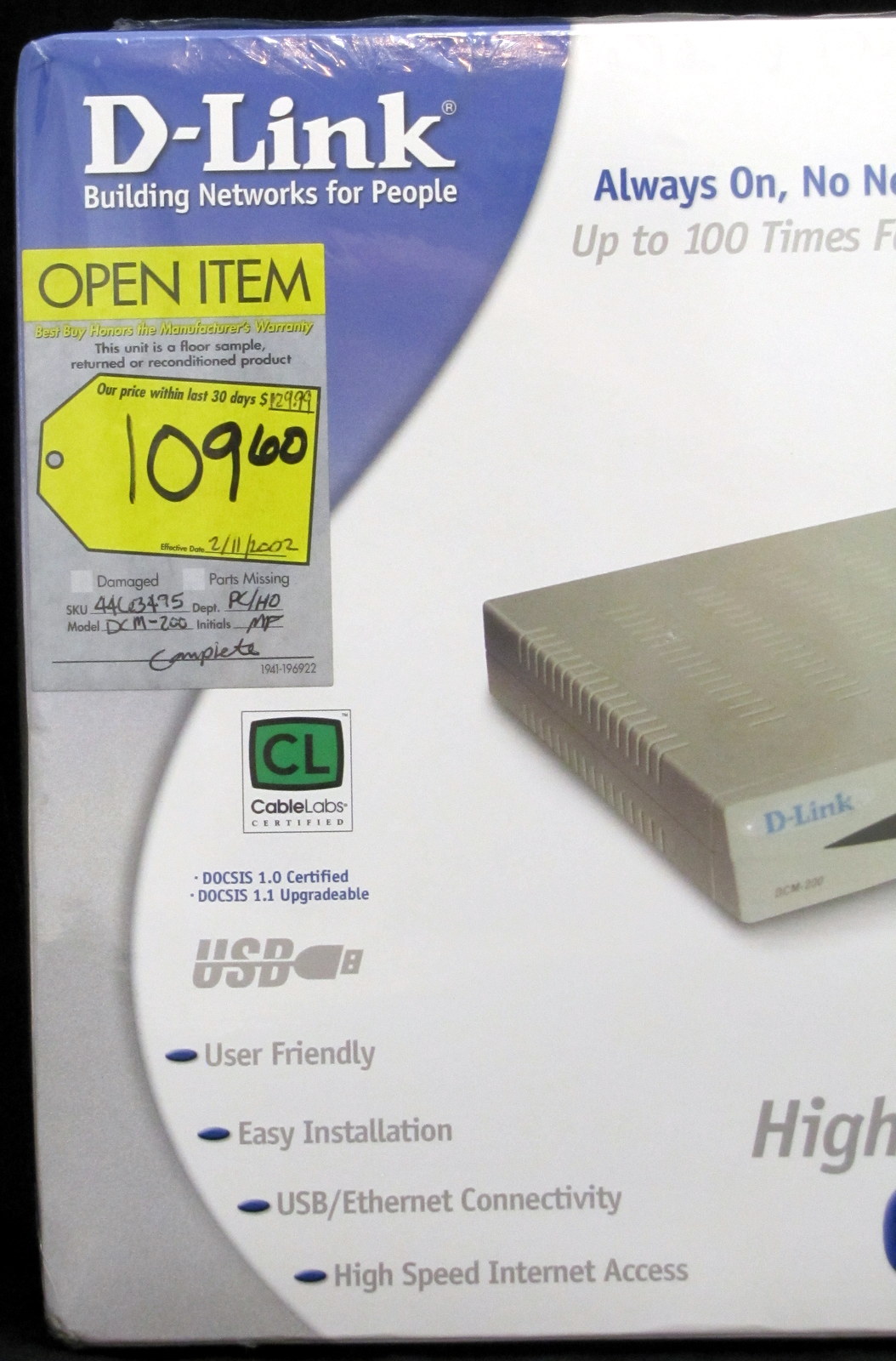 D-Link High Speed Cable Modem DCM-200 DLink D Link Ethernet and USB Connectivity