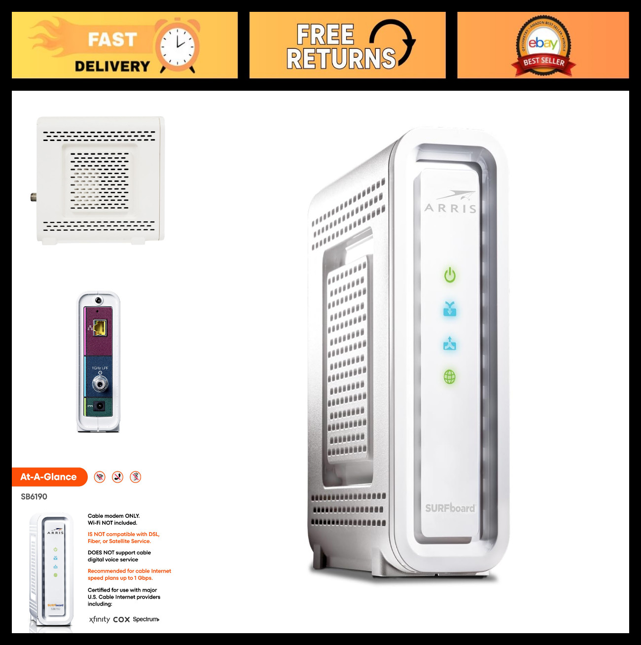 High-Speed DOCSIS 3.0 Cable Modem, 32×8, 1 Gbps Port, 800 Mbps Max Speed, 2-Year