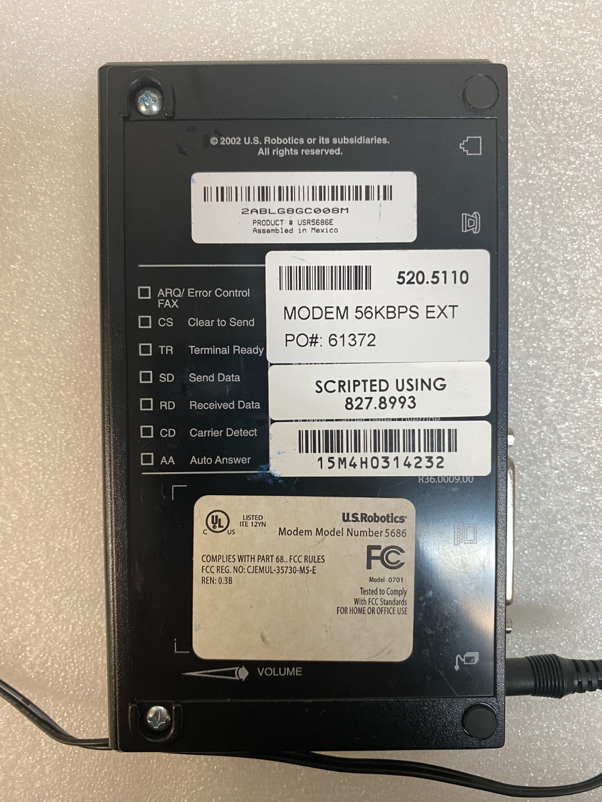 US Robotics High Performance V.92 External 56K Faxmodem Model 5686 w/ AC Adaptor