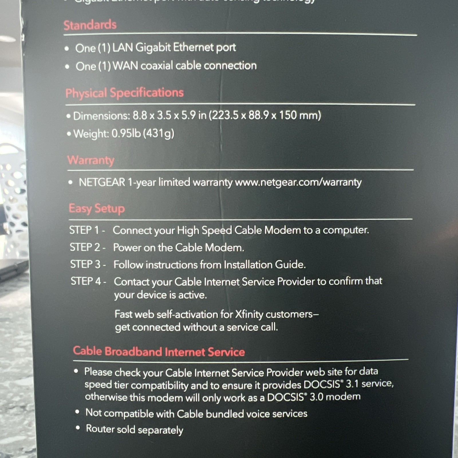 NETGEAR CM1000-100NAS DOCSIS 3.1 Gigabit Cable Modem. Max speeds of 1.0 Gbps,