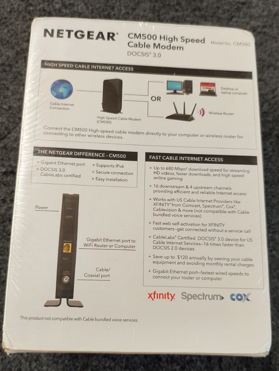 NETGEAR Cm500-1aznas 16×4 DOCSIS 3.0 Cable Modem Max Speeds of 686mbps -New , L3