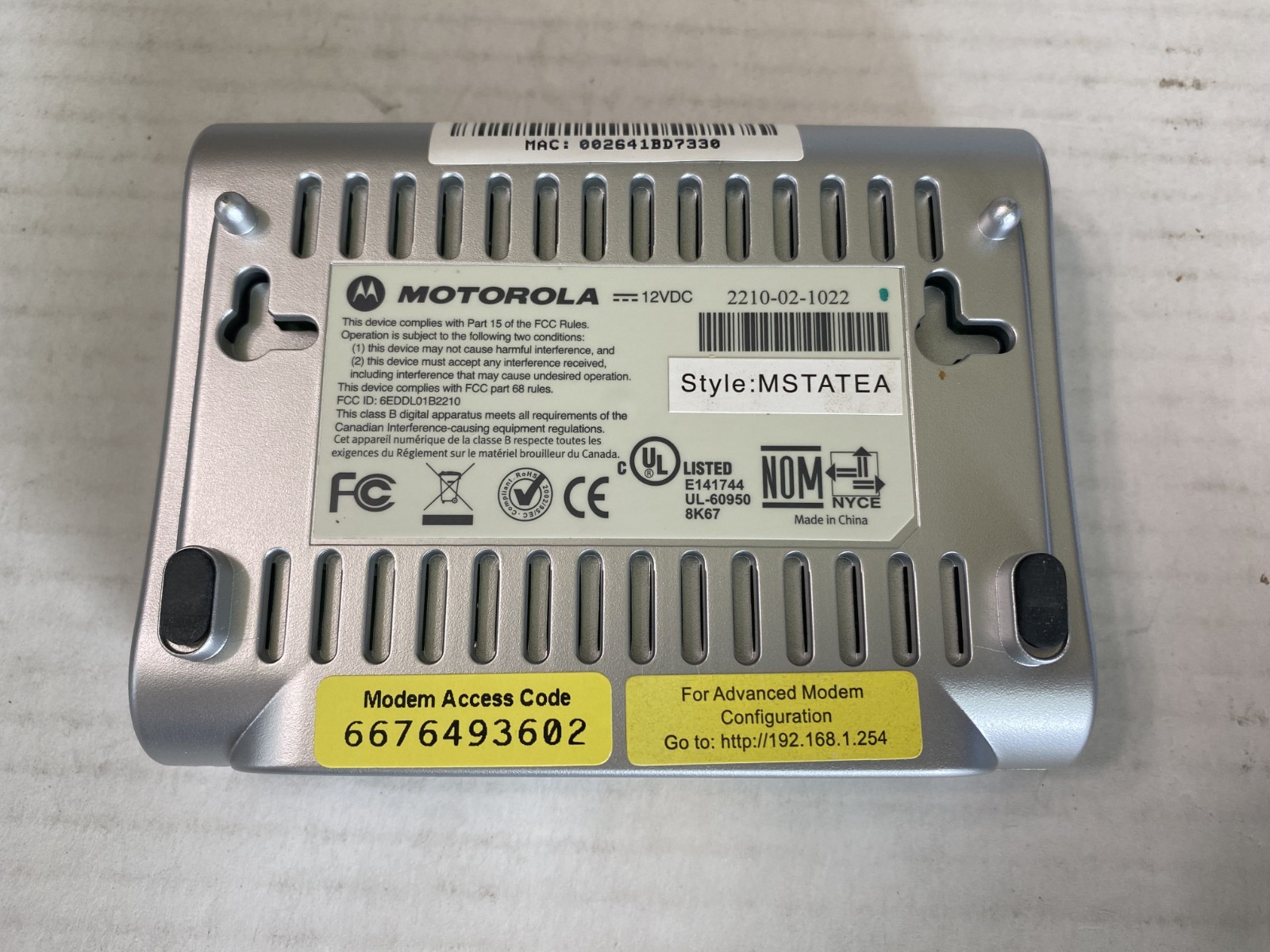 Motorola High Speed DSL Modem MSTATEA 2210-02-1022 AT&T w/ Accessories