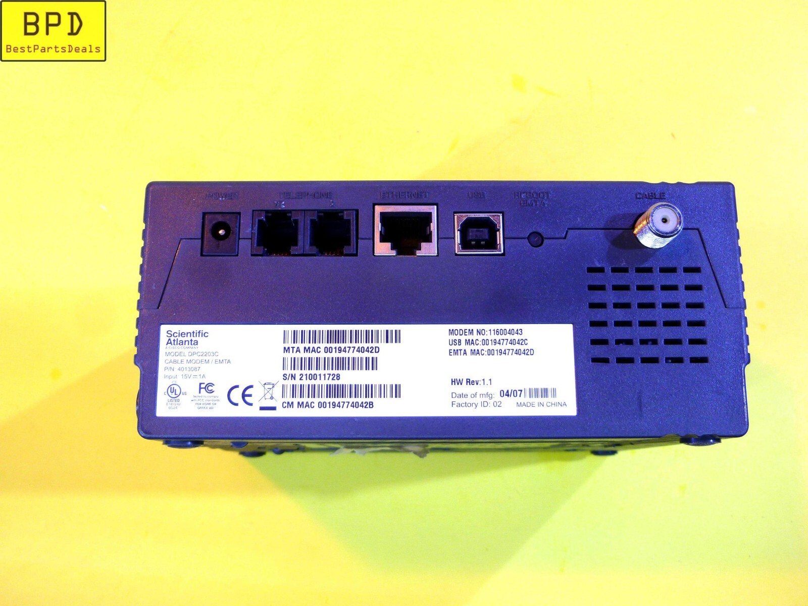 VOIP Cable Modem Scientific Atlanta/Cisco (Modem Only) 4013088 – DPC2203C