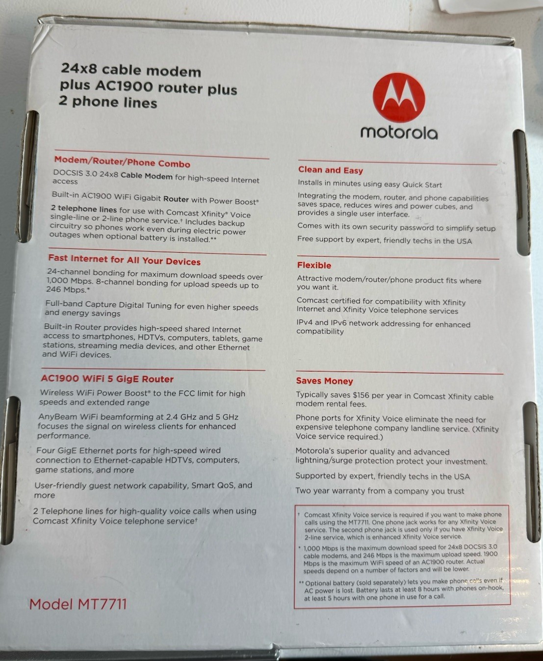 Motorola 24×8 Cable Modem + AC1900 WiFi Router + 2 Phone Line for Xfinity MT7711