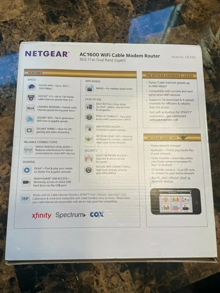 NETGEAR AC1600 Wifi Router Model C6250 DOCSIS 3.0 Cable Modem