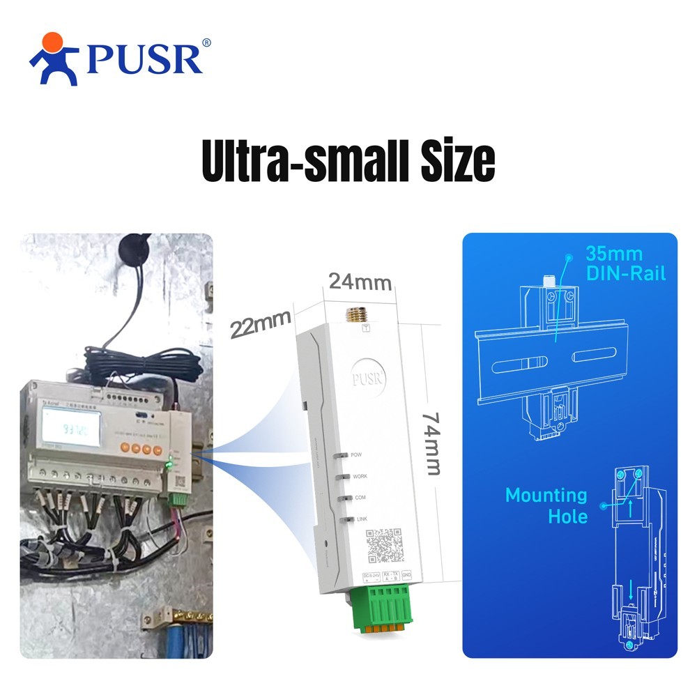 PUSR DIN Rail 12dBm 5KM 2.4G Lora Wireless Modem RS485 to LoRa USR-DR124-12