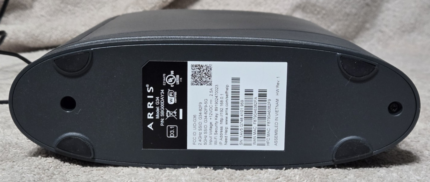 ARRIS CABLE MODEM ROUTER COMBO ~ G34 ~ Fast DOCSIS 3.1 Gigabit WiFi 6 – 1 Gbps
